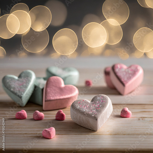 Valentine's Day holiday sparkly heart candy sit atop a wooden table with blurry lights bokeh ethereal background