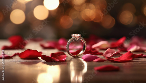 Diamond and gold engagement wedding ring sits atop a reflective table surface surrounded by rose flower petals with blurry bokeh ethereal background