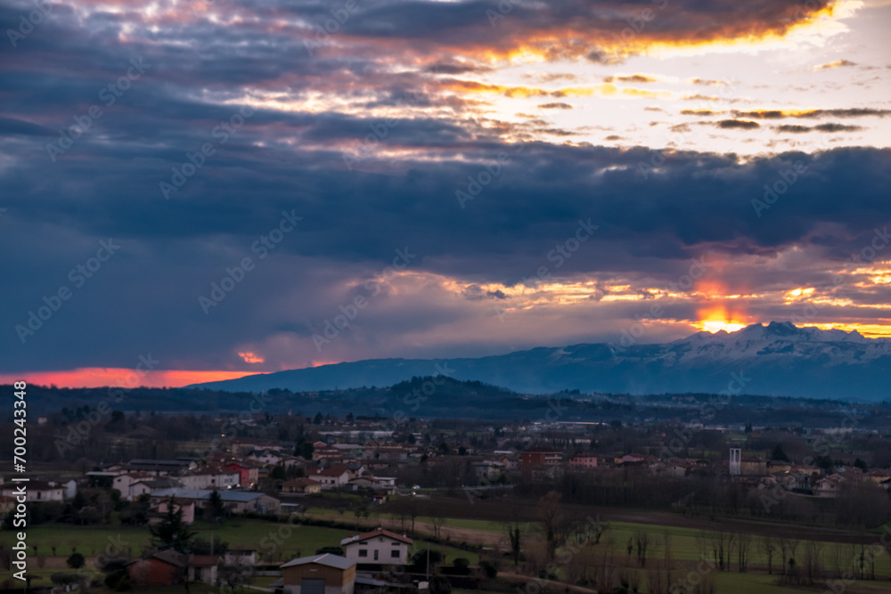 Winter colorful sunset in the countryside of Friuli-Venezia Giulia, Italy