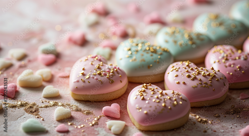 Heart-shaped Pastel Pink and Light Blue Cookies: Sweet Valentine's Day Treats with Pink Icing and Sprinkles. Heart-shaped Pastel Pink and Light Blue Cookies: Sweet Valentine's Day Treats with Pink Icing and Sprinkles.