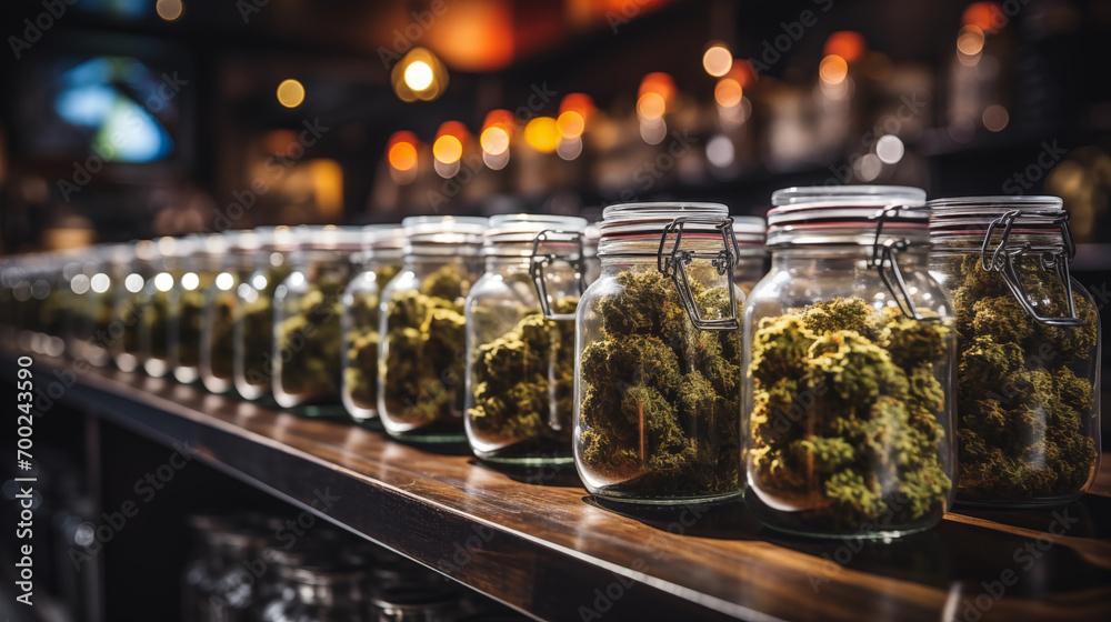 The cannabis store.marijuana on the store counter. marijuana legalization. CBD The cannabis store.marijuana on the store counter. marijuana legalization. CBD