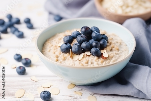 Nutrient-rich Breakfast Bowl: Organic Oatmeal Porridge with Blueberries, Yoghurt, and Almonds.