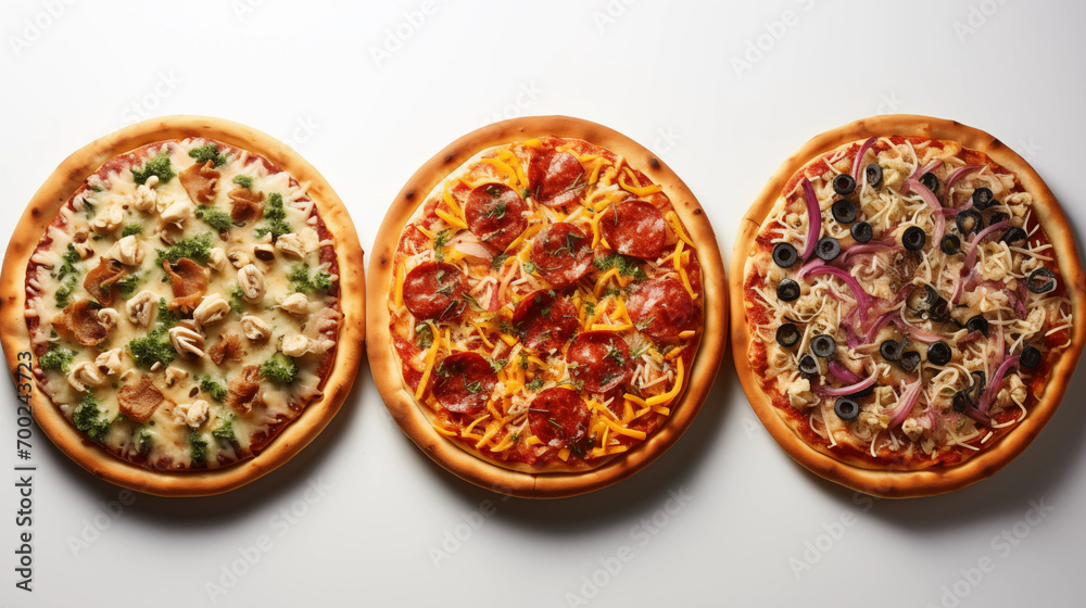 Italian pizza on white background. assorted pizzas on white background, top view