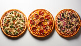 Italian pizza on white background. assorted pizzas on white background, top view