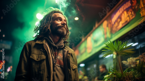 middle-aged man outside a cannabis store. green light in the background.