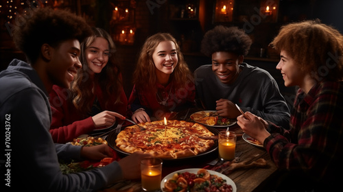 a group of friends sitting in a cafe, friends eating pizza.