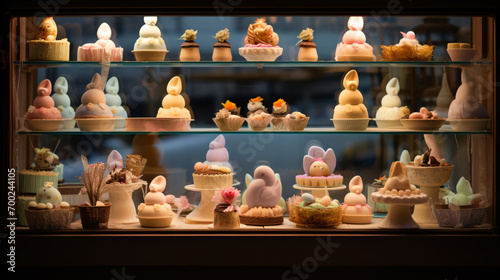 A bakery window display of Easter-themed treats.