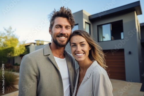 Happy young modern fashion couple standing in front of their new home looking at the camera, smiling, dental. Super-Resolution,Wide Shot, Megapixel, Cinematic Lightning, 