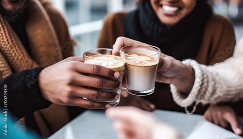 Happy friends having breakfast together at cafe bar , Group of young people drinking coffee and fresh juice sitting at brunch restaurant , Food and drink