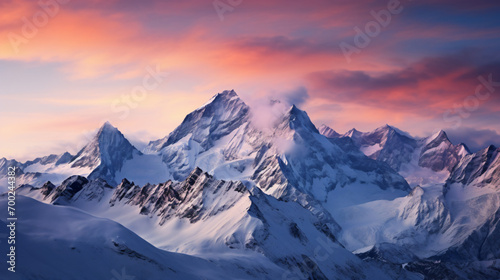 A breathtaking view of a glacier-covered mountain range with the icy peaks glistening in the soft light of dawn.