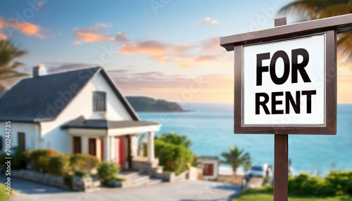 For rent sign with tropical beach in background. Ocean front vacation rental property photo