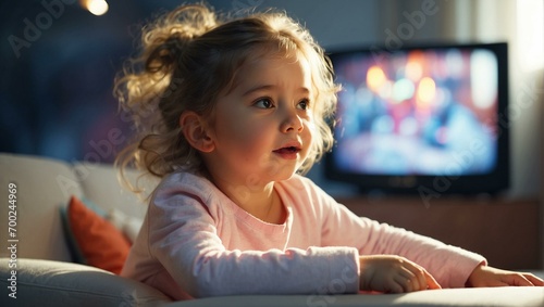 A cheerful little girl is watching TV in her house.
