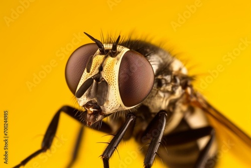 Macro shot of a fly insect with distinct black stripe and head tip on yellow background. Generative AI