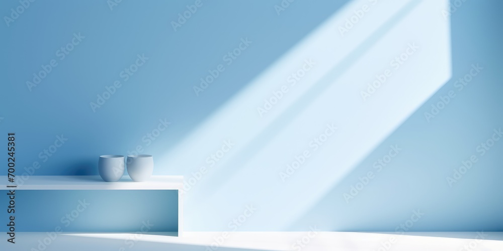 Minimal abstract light blue background for product presentation. Shadow and light from windows on plaster wall, ultra sharp, super realisitc, high-end photography