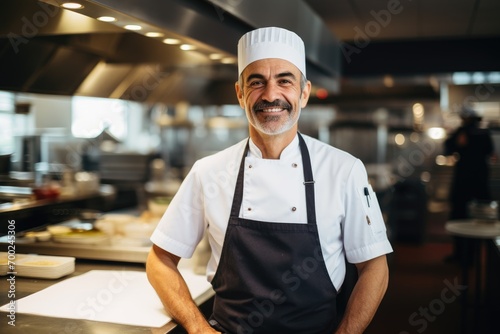 Middle aged caucasian european kitchen chef in a modern restaurant kitchen smiling , portrait, behance photographys  unsplash 8k, real photo, photography photo