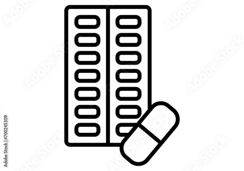 Icono negro de pastillas y medicamentos en fondo blanco.