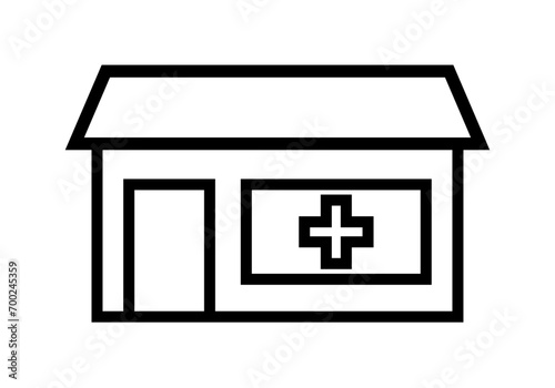 Icono negro de clínica sanitaria y ambulatorio.