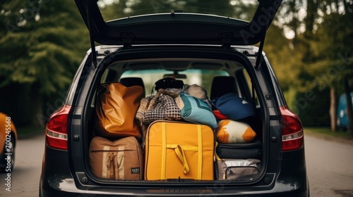 Moving concept with bags in car trunk, in the style of large format lens, vibrant © sambath
