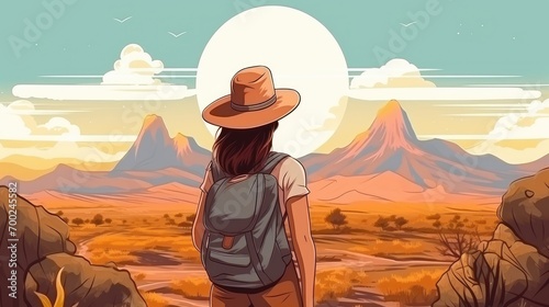 mujer con camisa vaquera y sombrero claro de paja, con una mochila a la espalda, observando un paisaje de montaÃ±a. IlustraciÃ³n de IA generativa  photo