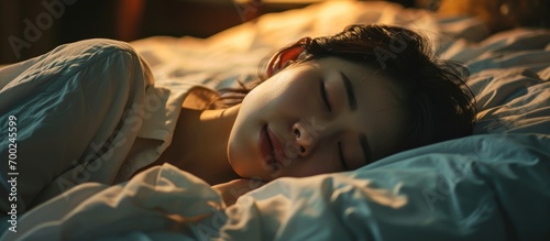 Asian woman peacefully sleeps at night with a smile, while being observed.