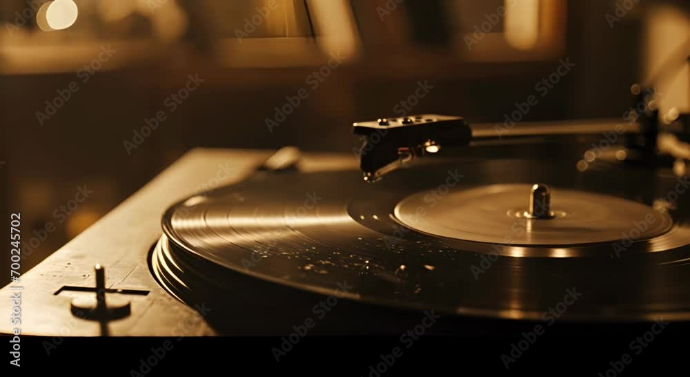 A vinyl record on a turntable illuminated by lamp light. The concept of music and nostalgia.