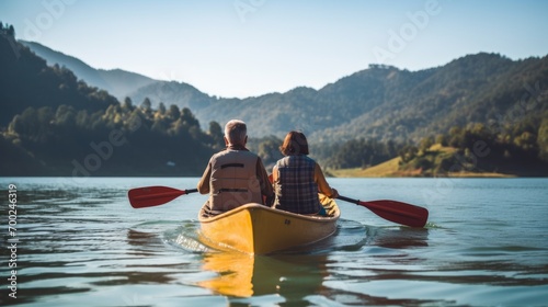 pareja de hombre y mujer seniors navegando en canoa por un lago entre montaÃ±as en un dÃ­a soleado, concepto de vacaciones y actividades para mayores  photo