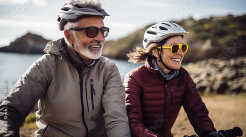 pareja de jubilados, con ropa de abrigo, cascos y gafas de sol, montando en bicicleta por la naturaleza, como parte de un viaje de aventura para personas mayores