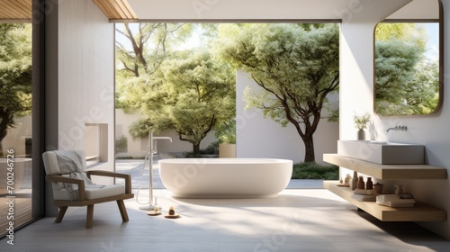 Modern contemporary bathroom with white wall and large windows  Looking out to see the garden view  Generative AI