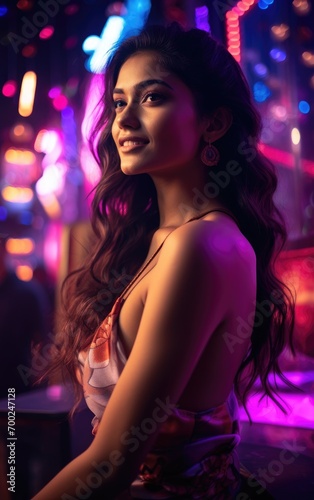 Photo realistic Photo shoot of an elegant young Indian model, immersed in a vibrant party mood within a bustling club setup. Wearing elegant party attire that sparkles under the lights