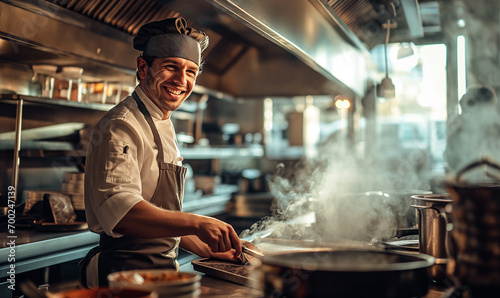 Chef cooking works in the kitchen of a restaurant, fresh food dishes concept.