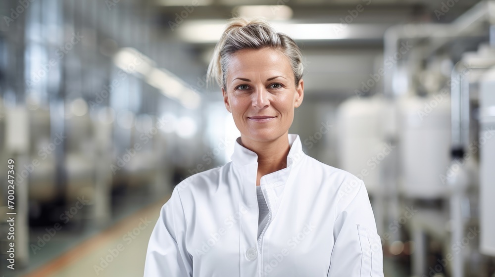 Portrait of a 50 year poland female co-worker, wearing white chemical factory clothes, standing in a huge light and bright chemical factory hall. she's slightly happy making impact. Portrait of a 50 year poland female co-worker, wearing white chemical factory clothes, standing in a huge light and bright chemical factory hall. she's slightly happy making impact.