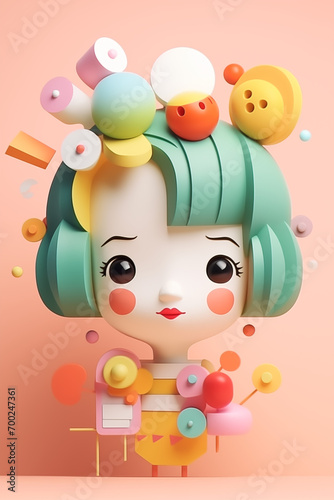 cute and colorful smart illustration of a girl with green hair and big eyes, dress like a toy doll. Cartoon style face with makeup; pretty hairstyle. Art of 3d digital sculpture, beauty, and fashion