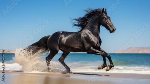 photo of black horse galloping on the beach background, white and blue background