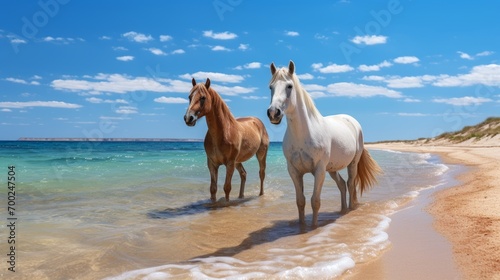Two horses standing on the sandy beach