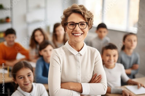 Portrait of smiling teacher in a class at elementary school looking at camera with learning students on background 8k