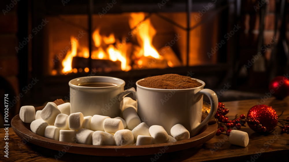 A cozy winter scene with hot chocolate mugs marshmallows and a warm fireplace in the background.