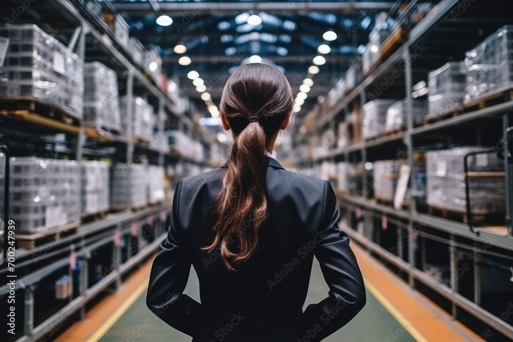 Fototapeta premium Rear view of businesswoman in a suit with a helmet and a ponytail in a car factory with modern machinery