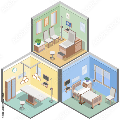 Isometric doctor's examination room, operating room and hospital bed