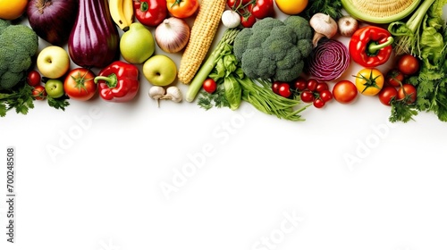 an overhead view of healthy fresh organic colourful fruits and vegetables arranged on the left border of the white background creates the frame and leaves useful copy space for text 