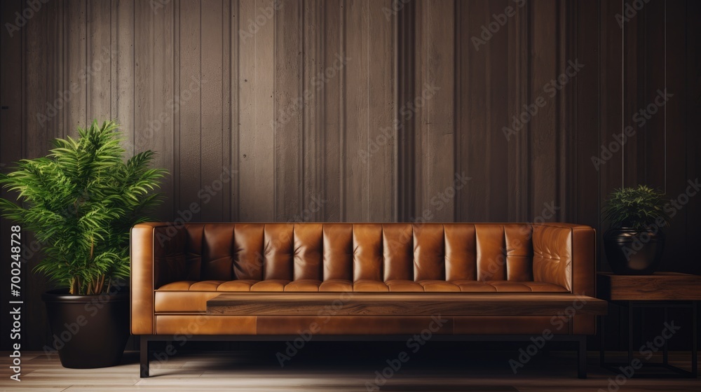 Wood table top on blur living room have leather sofa and decoration minimal - obrazy, fototapety, plakaty 