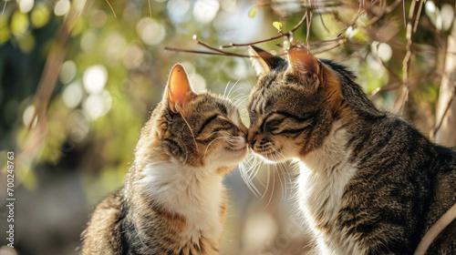cat in the garden, Two Cats fell in love each other in a background of romantic countryside. San Valentine day, love animal and cats
