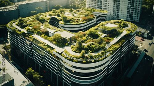 A city implementing green roofs on buildings to enhance urban sustainability.