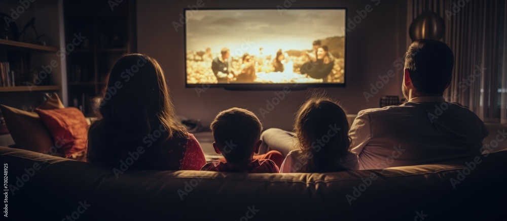 Family watching TV on sofa in lounge, seen from behind.