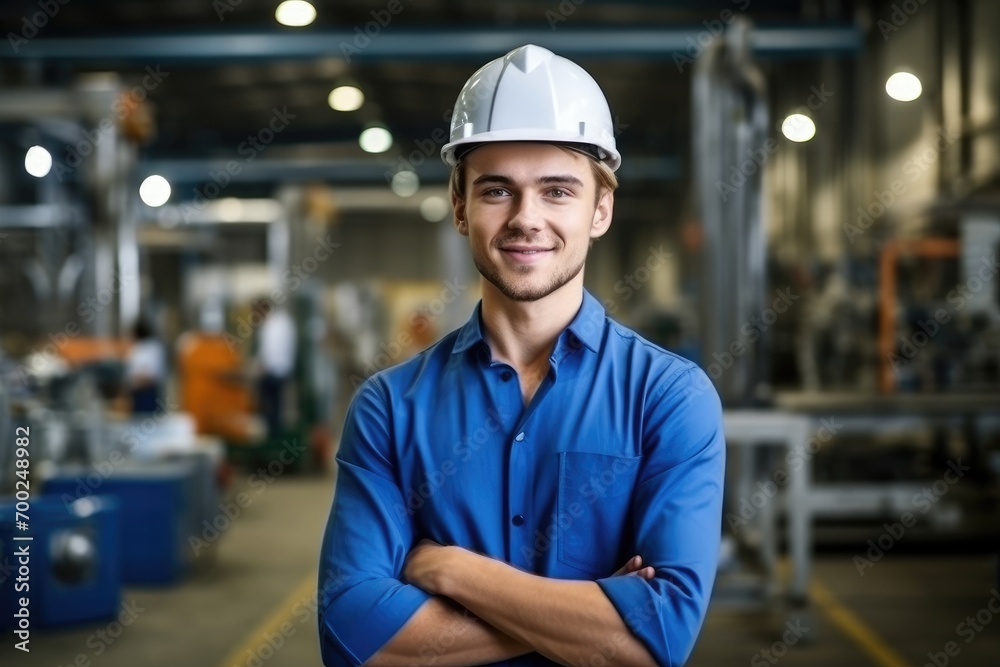 Young male muscular factory worker, wearing a blue hard hat, smiling at the camera, standing in a factory, Young male muscular factory worker, wearing a blue hard hat, smiling at the camera, standing in a factory,