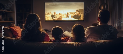 Family watching TV on sofa in lounge, seen from behind.