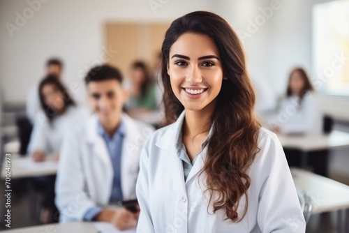 YOUNG LATIN WOMAN WITH LAB COAT IN A CLASSROOM SURROUNDED BY HIS CLASSMATES, IN A WHITE CLASSROOM. IN PHOTOGRAPHIC STYLE, THE STUDENT IN FOCUS AND THE BACKGROUND OUT OF FOCUS