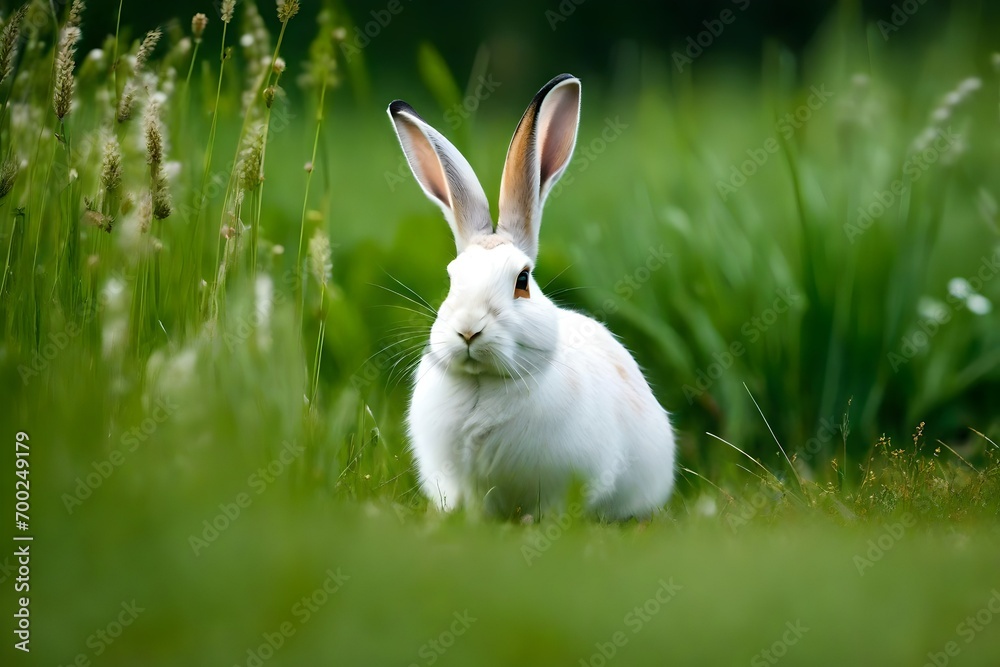 Obraz premium rabbit in the grass, The white rabbit walks on the green grass. Long-eared hare on the lawn. . Rodent. Easter concept. stock photo
