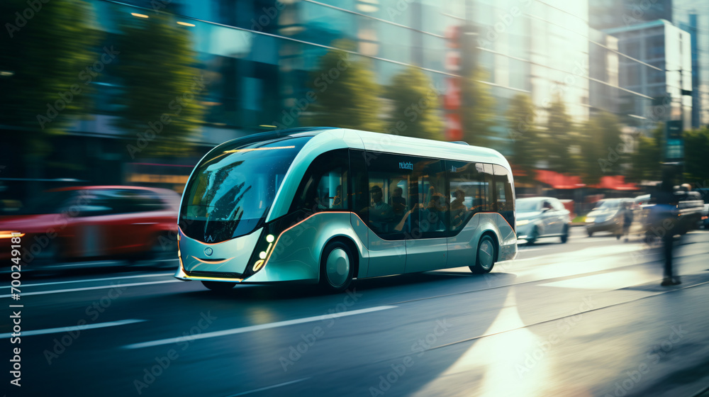 A futuristic electric bus gliding silently through a bustling city showcasing sustainable public transportation options. - obrazy, fototapety, plakaty 