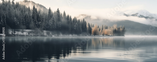 Beautiful scene of winter forest. Colorful morning view of misty lake and mountains during sunrise. Beauty of nature concept background.