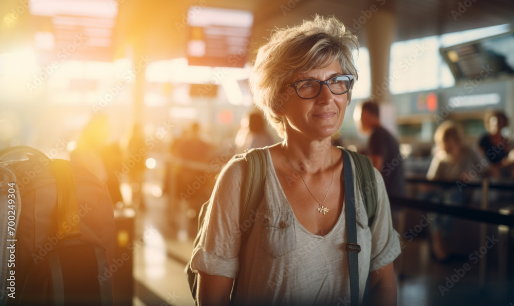 Happy elderly Woman travel at airport with backpack, Female walking at the gate at the terminal waiting for her flight in boarding lounge, People traveler enjoy trip and holiday. Happy elderly Woman travel at airport with backpack, Female walking at the gate at the terminal waiting for her flight in boarding lounge, People traveler enjoy trip and holiday.
